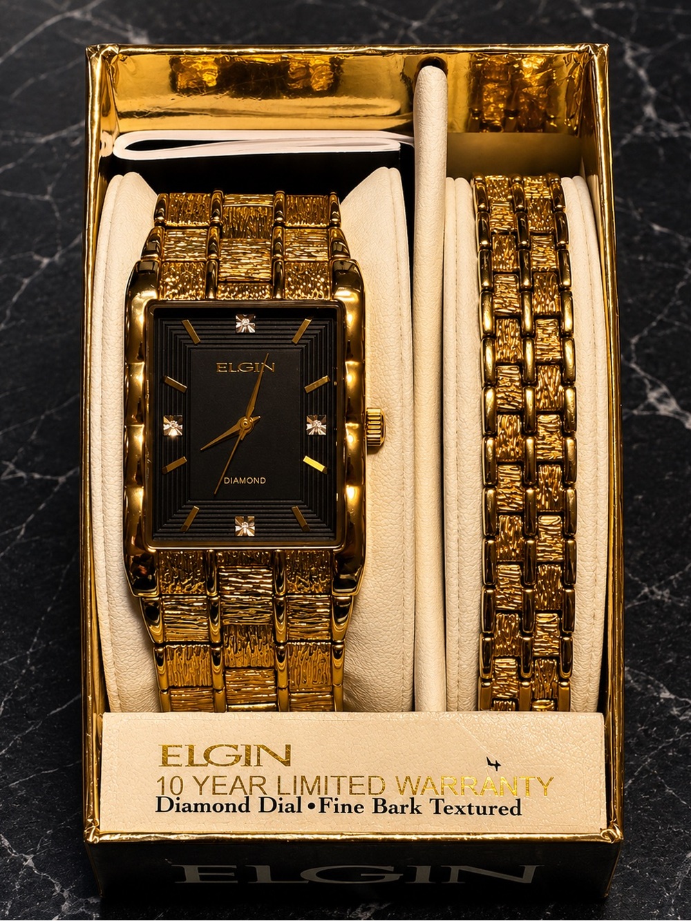 NWT Elgin Diamond Dial Gold Tone Watch & Bracelet Set w/ Box & Extra Links